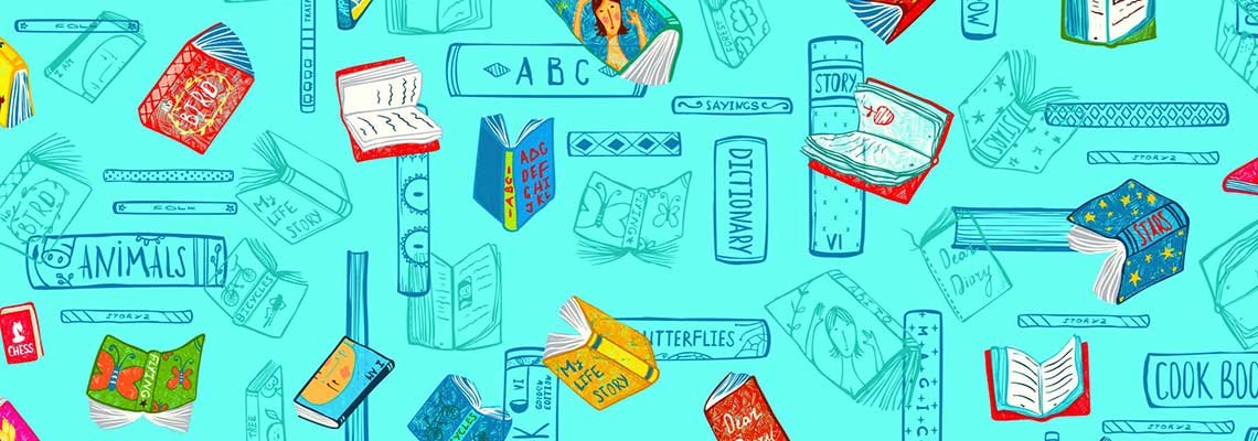 Collage illustration of books and items pertaining to literacy