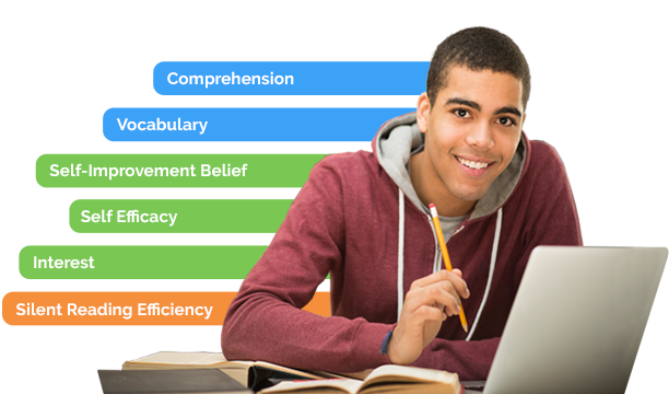 Male high school student seated at desk, smiling with books and a laptop computer.