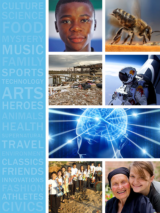 Engaging Texts Collage of images (a boys face, a honeybee, astronaut, band of musicians, and a girl with her grandmother) showing the variety of engaging and relevant content.
