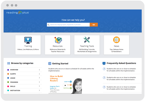 Reading Plus Learn Site Reading Plus customer support screen