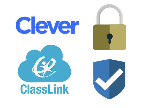 Collage of logos, featuring Clever, ClassLink, a padlock, and a shield.