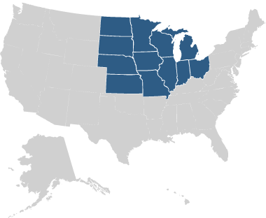 US map showing north-central states highlighted.