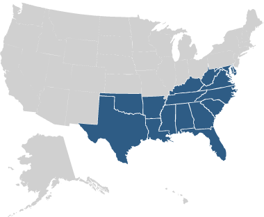 US map showing southeastern states highlighted.